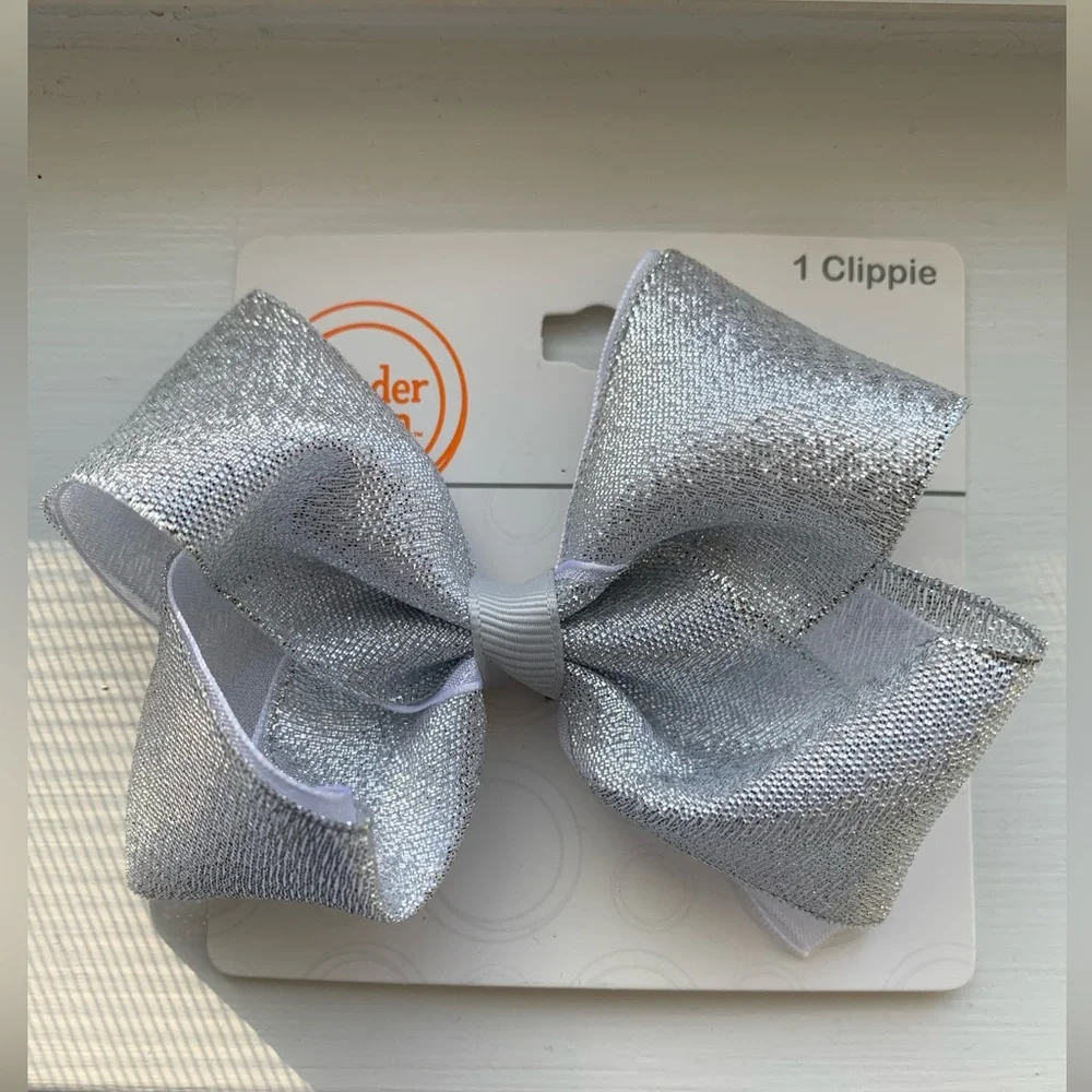 NWT Wonder Nation Grosgrain Hairbow Girls Size 4” X 3” Silver Clip Sparkle